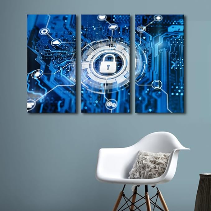 Framed Wall Art 3 Panels Cybersecurity and Secure Nerwork Concept Pictures Print On Canvas for Living Room, Data Protection Artwork Wooden Framed Ready to Hang, 60" Wx40 H