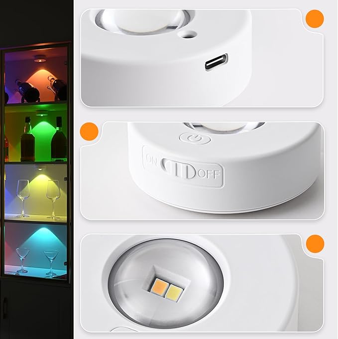 3 Pack Puck Lights LED RGB Dimmable Under Cabinet Lighting with Remote, Battery Operated Magnetic Recessed Lights for Kitchen Closet, Warm, Daylight,Cool White+RGB