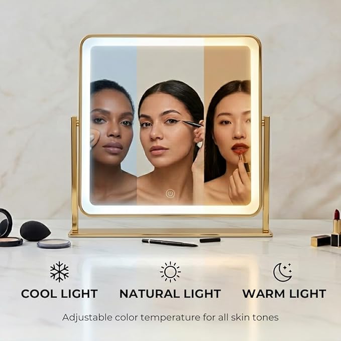Vanity Mirror with Lights, 12"×14" Makeup Mirror with Lights, LED Makeup Mirror, Brightness Adjustable, Smart Touch with 3 Color Lighting Modes, for Bedroom Tabletop - Gold