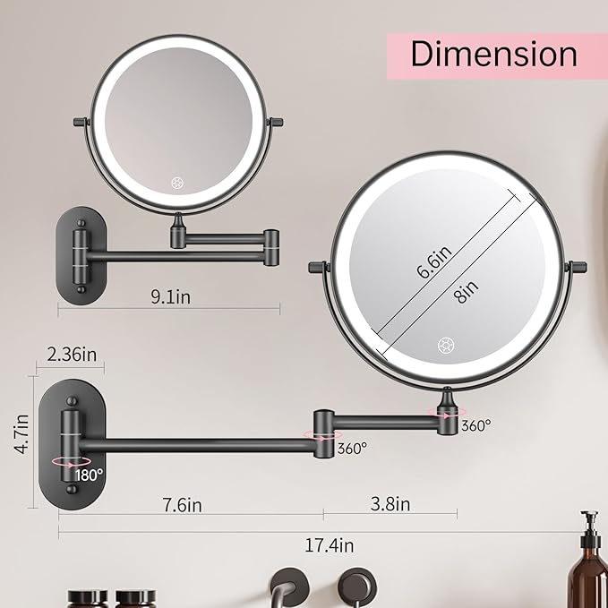 FUNTOUCH Rechargeable Wall Mounted Lighted Makeup Vanity Mirror 8 Inch Double Sided 1X 30X Magnifying Bathroom Mirror, 3 Color Lighting, Touch Dimming, Extended Arm 360 Rotation Light up Mirror Black