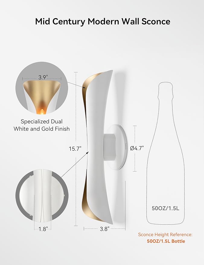 Tubicen Wall Sconces Dimmable Mid Century Theater Room Sconce Lights Up and Down Hardwired Modern Indoor Elegant Wall Lights for Living Room Bedroom Hallway Stair 15.7" H White and Gold