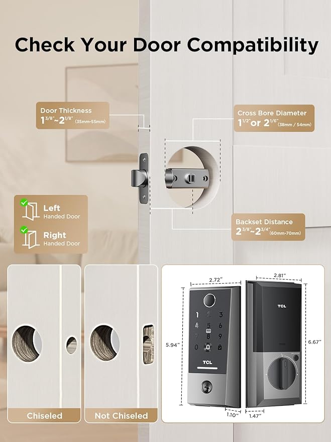 TCL Wi-Fi Smart Lock D2 Plus, Fingerprint Door Lock, Keyless Entry Security Electronic Deadbolt for Front Door, Built-in Doorbell, Compatible with Alexa, Auto Lock, Easy Install