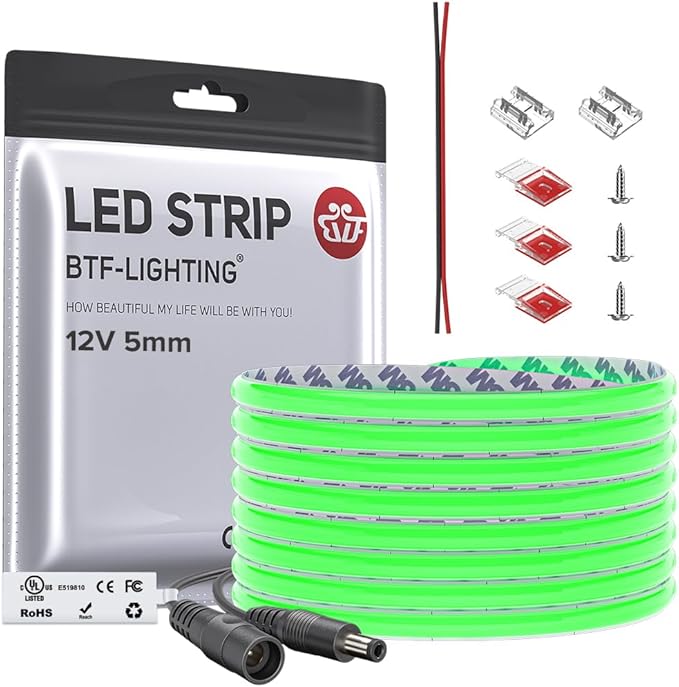BTF-LIGHTING FCOB COB LED Strip Green Color 5mm Width UL Listed Super Narrow Flexible Uniform Light DC12V 16.4FT CRI 90+ Dimmable LED Ribbon for Bedroom Home Indoor Decor(No Adapter or Controller)
