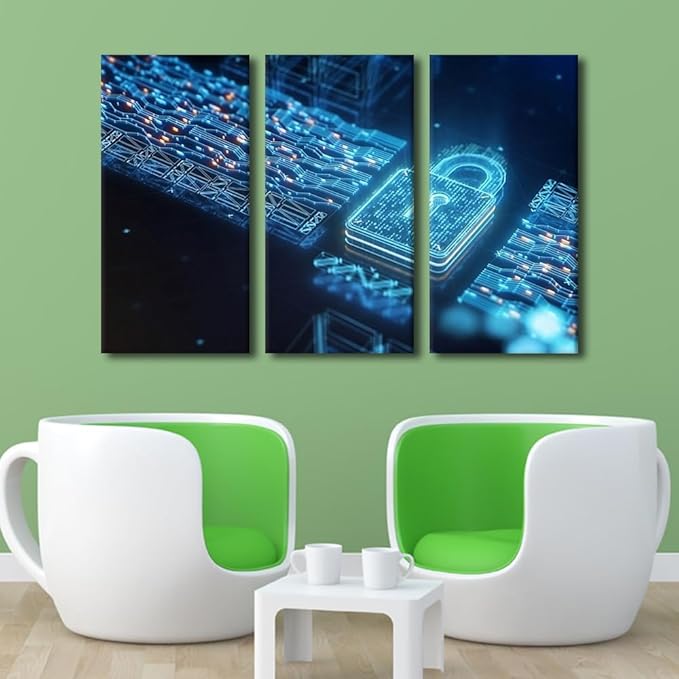 3 Panel Canvas Print Art Set Cyber Security Posters Modern Wall Art for Bedroom Living Room Wall Decorative, Cybersecurity Artwork Wooden Framed Gallery-Wrapped Ready to Hang, 42" Wx28 H