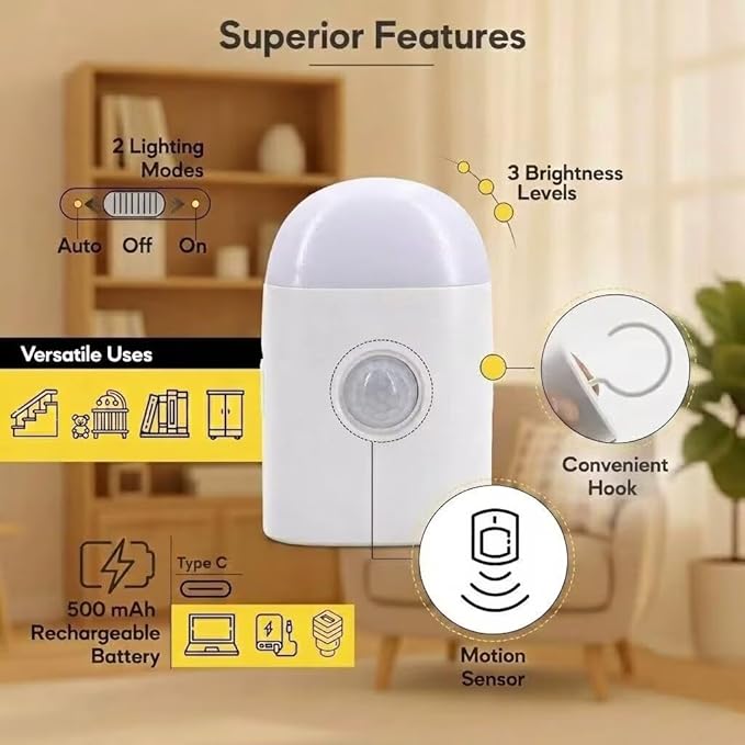 Motion Sensor LED Night Lights Warm White with Adjustable Brightness Rechargeable Battery, with Hook and Stick-On for Cabinet, Wardrobe,Closet,Hallway, Stairs (1 Pack)