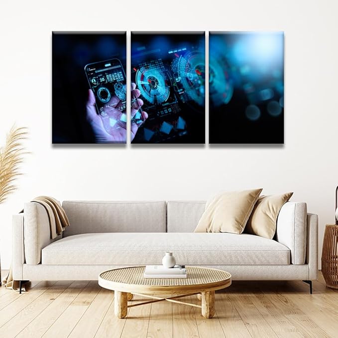 LSIUHWUWI 3 Panel Canvas Wall Art Modern Canvas Prints Art Wireless Mobile Internet Technology 5G LTE Data Connection Pictures Posters, Wall Art Wooden Framed Ready to Hang, 16x24inchx3