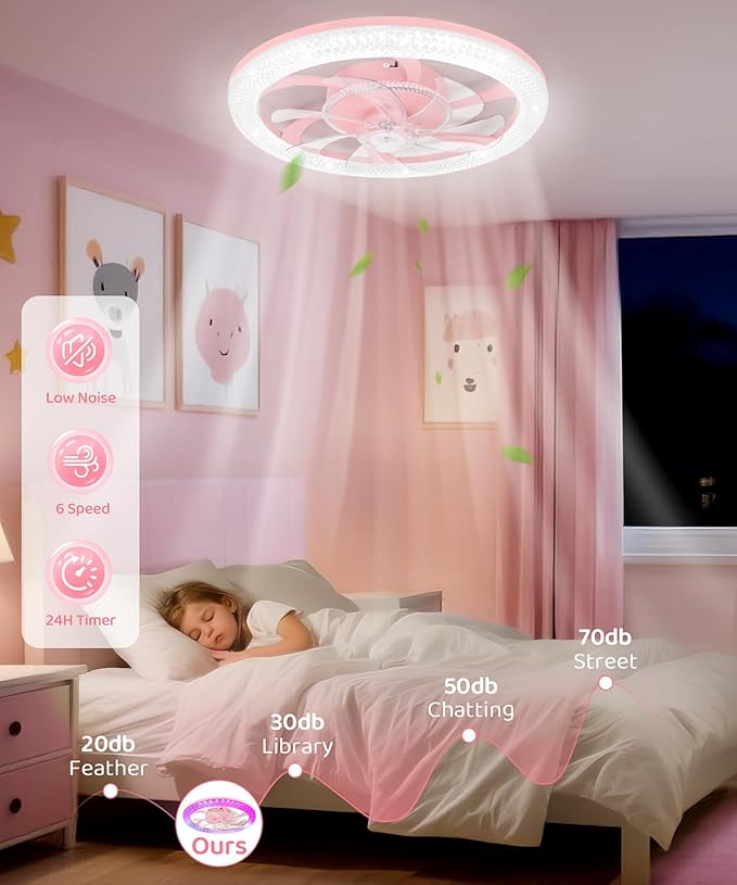 2 in 1 Wifi RGB-LED 20” Ceiling Fans with Lights and Remote, 3000-6500K Dimmable Flush Mount Smart Low Profile Ceiling Fan with Lights, Bluetooth Bladeless Fans with APP, for Bedroom, Pink