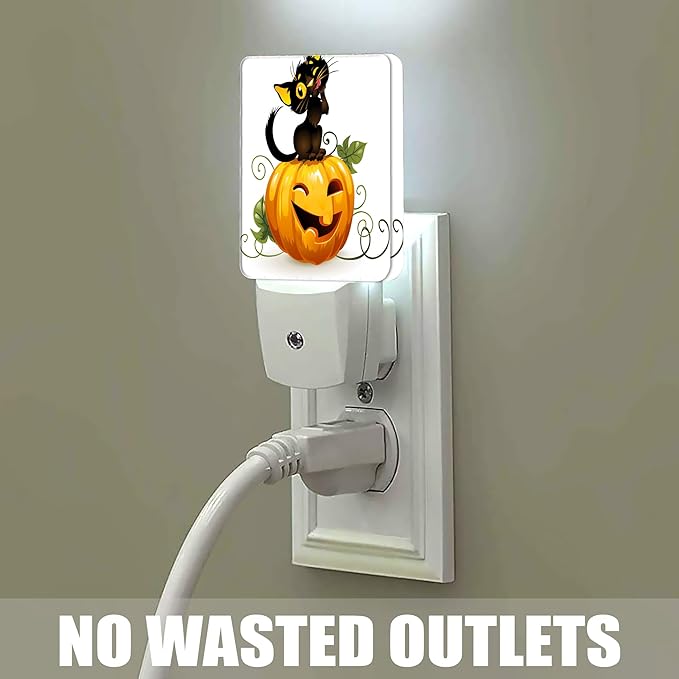 Halloween Night Light, Cute Black Cat and Pumpkin Night Lights Plug into Wall Decorations for Bedroom, Bathroom, Dusk to Dawn Sensor Nightlights for Girls Women Room Gifts
