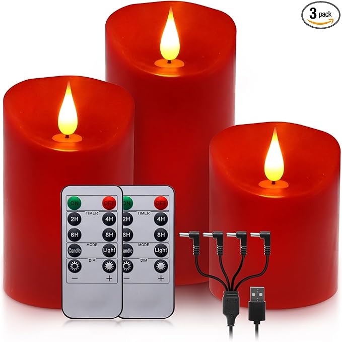 ALED LIGHT Red Real Wax Rechargeable Candles Flickering Realistic,Flameless Candles Rechargeable with Remote for Home Decor Idea Gift，Pack 3(D 3”X H 4”5”6”)