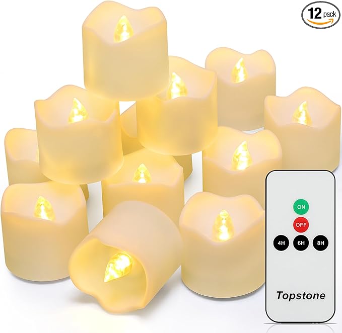 Topstone Remote Controlled Led Tea Lights,Flameless Candles with Timer,CR2450 Battery Powered Candles, Electric Votive Candle,for Festival Decoration and Wedding,Pack of 12,Warm White Light Color