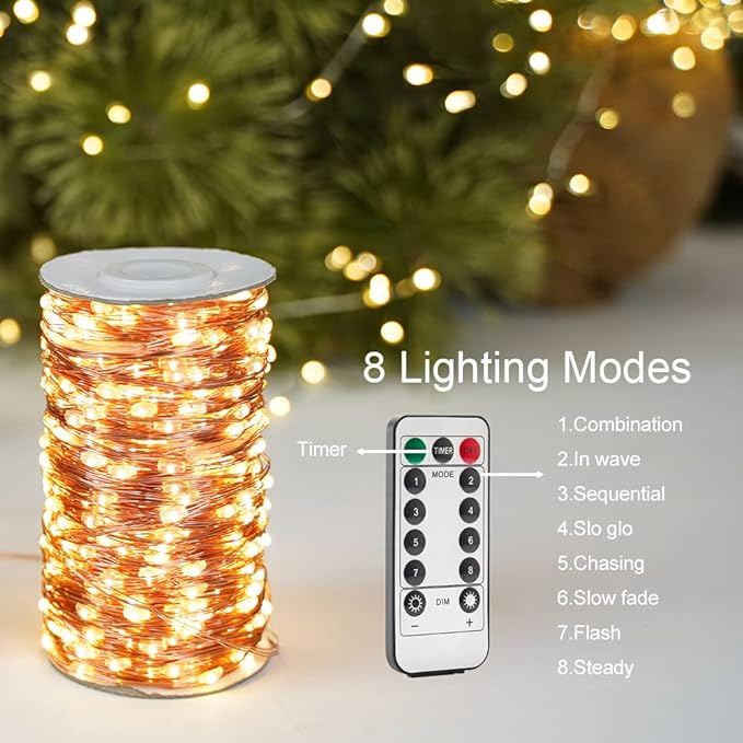 100Ft Warm White Plug in Fairy Lights 300 LED Waterproof Twinkle Copper Wire String Lights with Remote for Christmas Tree Bedroom Porch Patio Garden Wedding Party