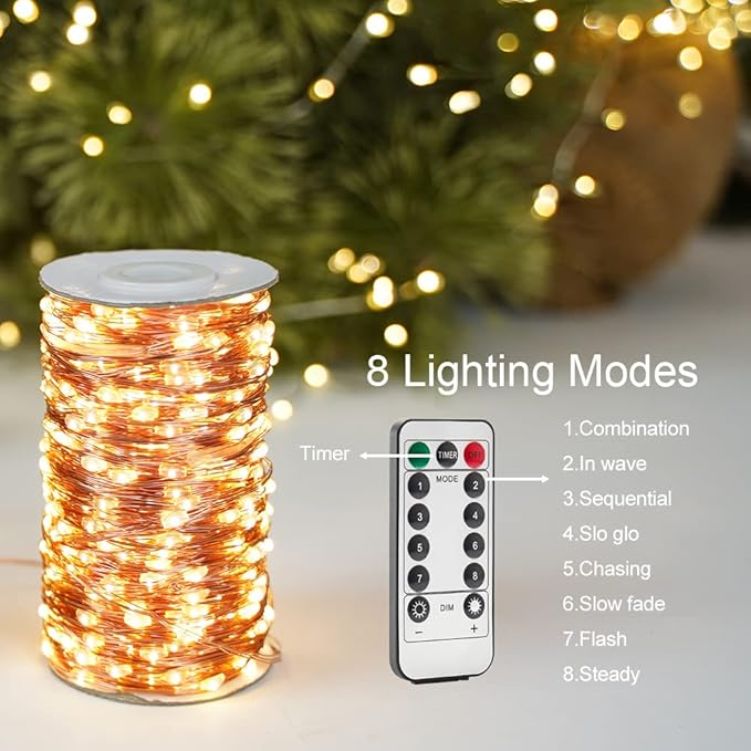 328FT Long Warm White Plug in Fairy Lights 1000 LED Waterproof Copper Wire String Lights with Remote for Christmas Tree Bedroom Porch Patio Garden Wedding Party