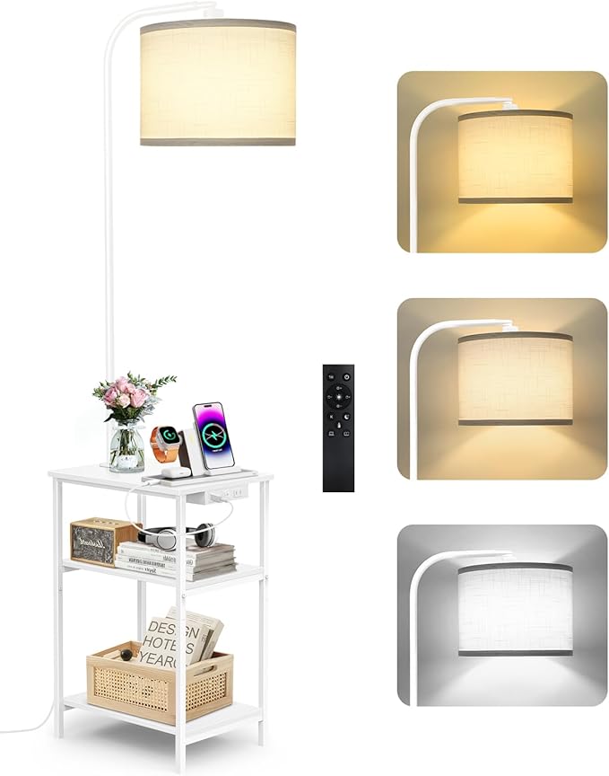Floor Lamp with Table & Remote, Side End Table with Charging Station, Dimmable Nightstand with 3 Color Temperatures, 1-Hour Timer, 12W LED Bulb, for Living Room, Bedroom(White)