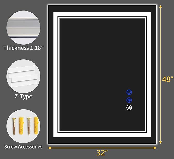 48"x32" LED Bathroom Mirror with Anti-Fog, Stepless Dimmable Lights, 3 Color Modes, Shatter-Proof Tempered Glass,Waterproof Design