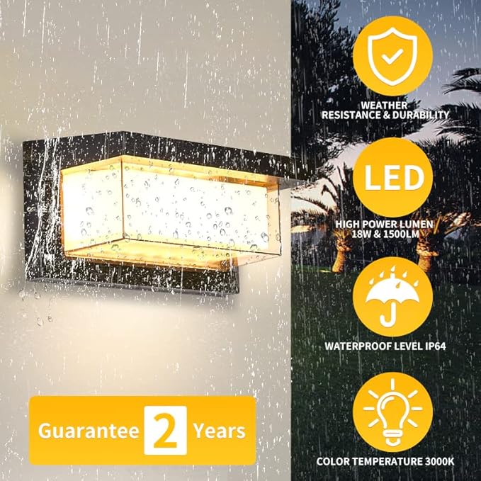LANFU LED 18W Minimalist Horizontal Rectangular Outdoor Wall Sconce Light, Black, Warm White, IP64 Waterproof, Patio, 10.24 x 4.81 x 4.81 Inches
