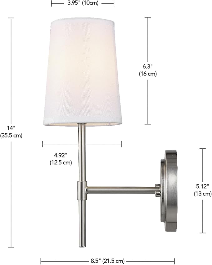 Globe Electric 51858 Clarissa 1-Light Wall Sconce, Brushed Nickel, White Fabric Shade, Bulb Not Included