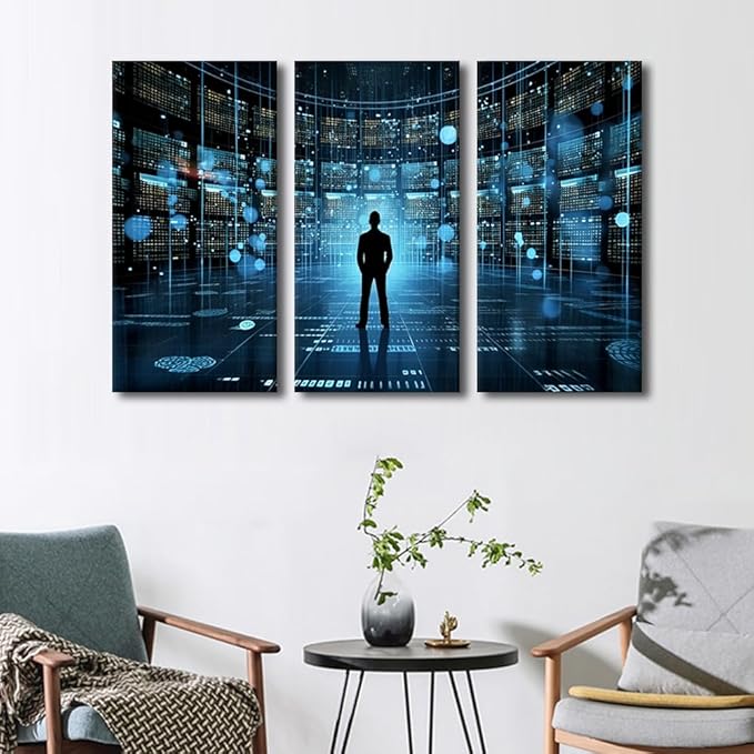 3 Panels Canvas Wall Decor Modern Art Cyber Security and Data Protection Concept Picture Poster for Bedroom Living Room Wall Decorations, Framed Wall Artwork Ready to Hang, 42" Wx28 H