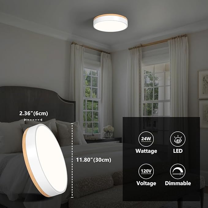 Dimmable Wood Ceiling Light Fixture 2700K-6000K 5CCT Modern White LED Flush Mount Ceiling Light Minimalist Circle Close to Lighting Fixture for Bedroom Kitchen Bathroom Laundry Room 11.81 Inch