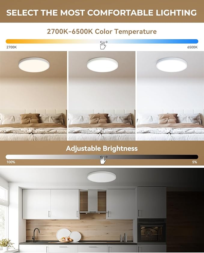 Dimmable Flush Mount LED Ceiling Light Fixture with Night Light, 12 Inch 24W Super Slim Ceiling Lamp with Remote, 2400LM Super Bright, 2700K-6500K CCT Selectable, for Bedroom Living Room Kitchen