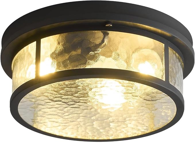 Adjustable Motion Sensor Flush Mount Ceiling Lights Fixture with Water Ripples Glass Shade,Round Matte Black Metal Modern Ceiling Lamp for Entryway,Hallway,Porch,Patio and Garage,12 inch,3-Light