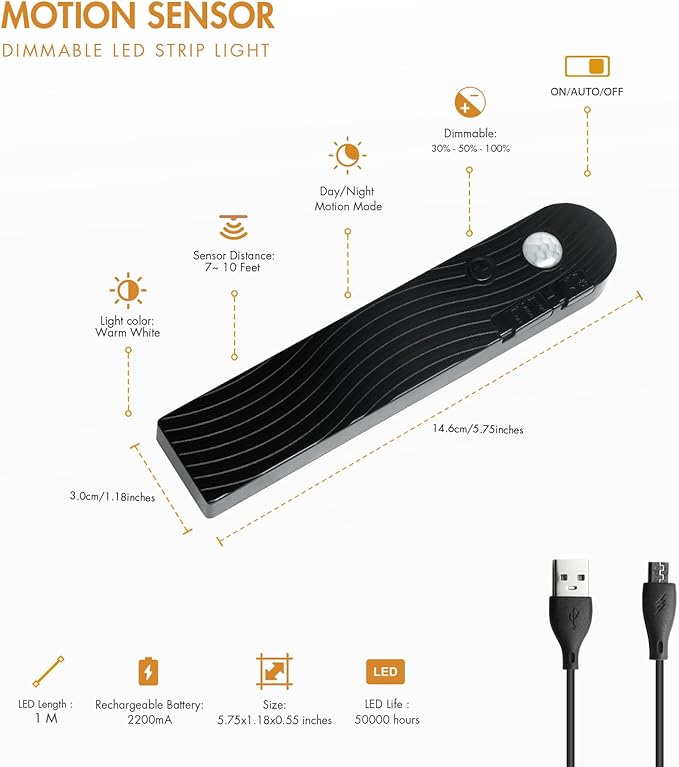 Sensky Motion Sensor Strip Lights Rechargeable Motion Activated LED Strip Light Dimmable Cabinet Light Strip for Wardrobe, Gun Safe, Cabinet, Pantry, Closet(1M Black, Cool White)