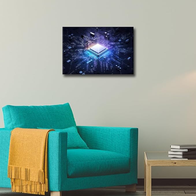 TUMOVO 1 Piece Canvas Wall Art Print Glowing CPU Wall Art for Bedroom Futuristic CPU Wall Decor Art Paintings Computer Chip Modern Giclee Artwork for Office Home Decor Ready to Hang, 18x12in