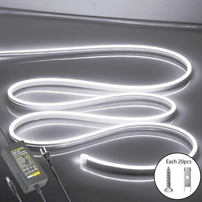 LED Neon Lights Flexible White 16.4FT/5M 12V DC Waterproof Flexible LED NEON Light for Indoors Outdoors Decorm [Power Adapter Included]