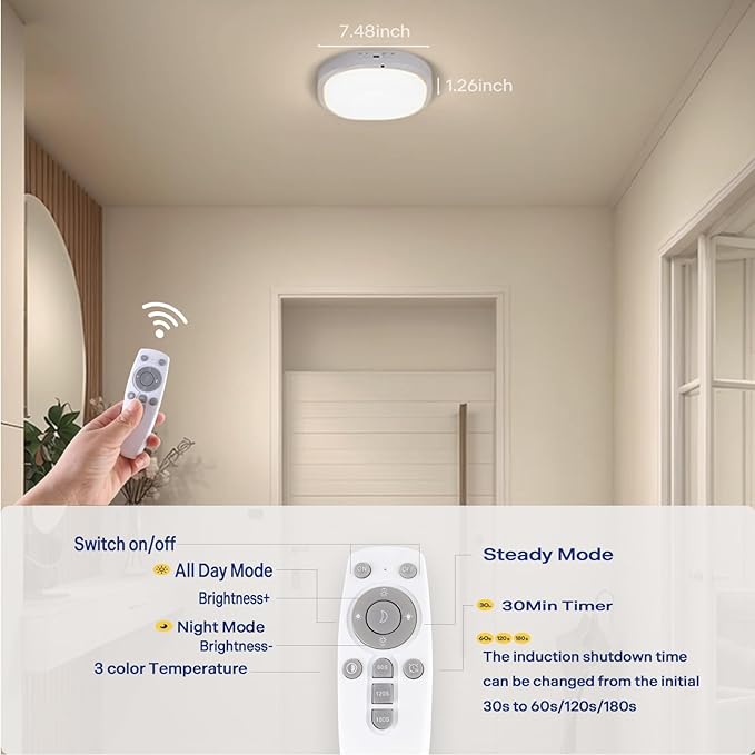 Rechargeable Motion Sensor Ceiling Light Indoor, Cordless Closet Light with 10000mAh Battery, 3 Color Temperatures, 550LM Motion Activated Light for Closet,Shower,Stairs,Pantry,Remote Control