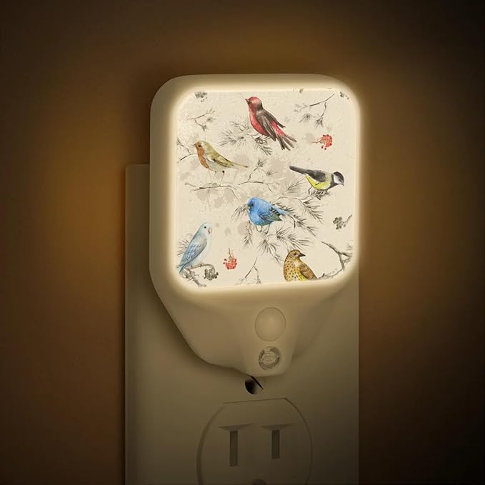 Birds Watercolor Night Lights Plug into Wall, 1.5W Plug in LED Dimmable Motion Sensing Nightlight Auto Dusk to Dawn Sensor for Kids Adults Bedroom, Bathroom, Hallway Warm White