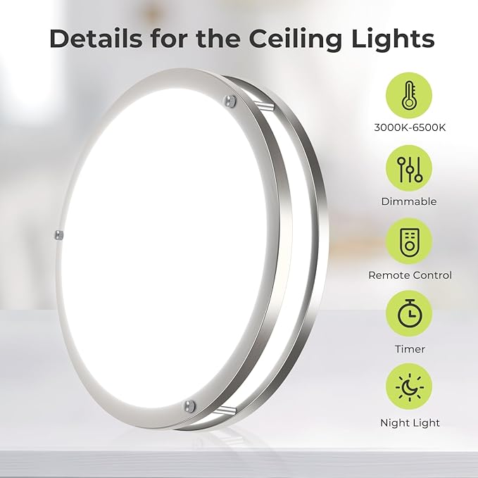 hepside Flush Mount LED Ceiling Light with Remote, Dimmable& 3000K-6500K Adjustable Ceiling Light Fixture, Timer, Night light, 16 inch Brushed Nickel Ceiling Lamps for Kitchen Bathroom Bedroom Hallway