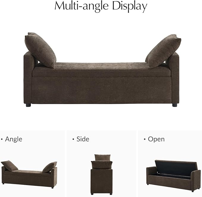 59.5" Modern Storage Ottoman Bedroom Bench, End of Bed Bench with Arms and Throw Pillows, Footrest Stool for Living Room, Dining Room, Entryway and Hallway, Taupe