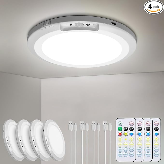 Rechargeable Motion Sensor Ceiling Light Indoor Outdoor w/Remote, 7.08 Inch Battery Operated Flush Mount Ceiling Light 3000K 4000K 6000K 400LM Dimmable for Closet Hallway Laundry Stairs (4)