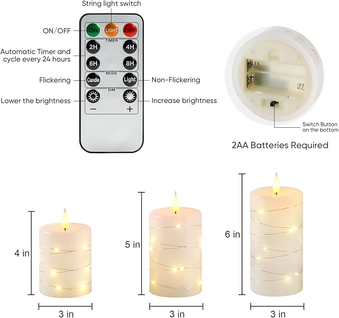 Amagic 3"×4" 5" 6" Flameless Candles with String Lights, White 11-Key Remote & Timer Battery Operated Flickering Led Pillar Candles Real Wax for Home, Lantern, Halloween and Christmas Decor, Set of 3