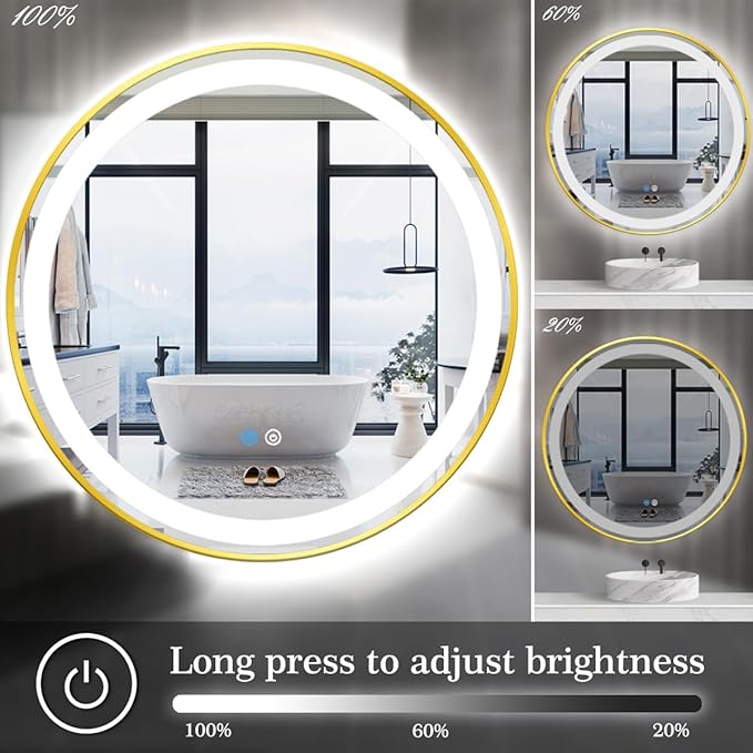 36 Inch Gold Round Vanity Mirror with Lights Gold Frame Round Lighted mirror for Bathroom Salon Wall Makeup 36 Inch Large Golden Circle Round LED Mirrors Smart Memory 3 Color Dimmable AntiFog
