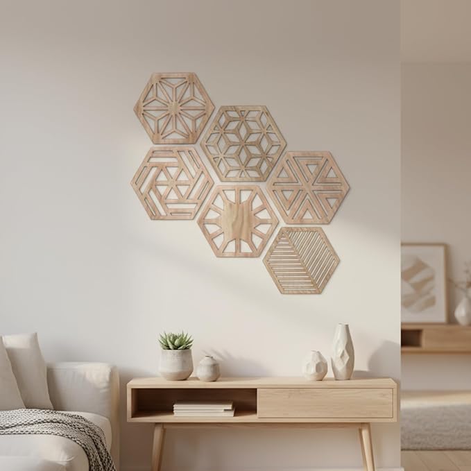 Ripeng 6 Pcs 11.8 Inch Boho Hexagon Wall Decor Farmhouse Wood Earthy Hexagon Wall Panels Modern Hollow Carved Design Rustic Abstract Decor for Living Room Kitchen Bedroom(6 Style)