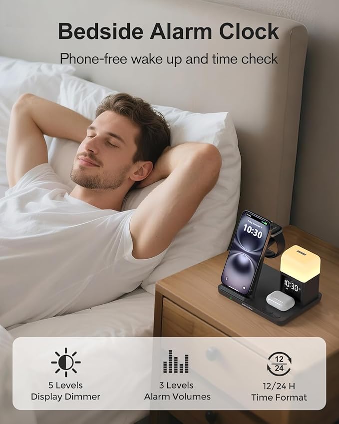 Wireless Charging Station Alarm Clock with 8 Touch Night Lights: 5 in 1 Charger Stand for Apple Devices - Charging Dock for iPhone 17 16 15 14 13 12 Pro Max Plus/Apple Watch/AirPods, Dimmable