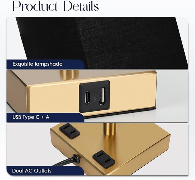 Soilsiu Bedside Lamp with USB Ports - Touch Control Table Lamp for Bedroom with USB C+A Charging Ports & AC Outlets, 3 Way Dimmable Nightstand Light for Living Room (LED Bulb Included, Brass - Black)