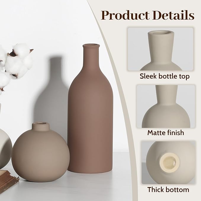 Ceramic Vase - Handmade Pottery Neutral Tone Home Decor for Floral Arrangements, Table Mantel Tray Decor - Modern Farmhouse Vases for Living Room Bedroom Kitchen Entryway (Multicolor-Brown, 3 PCS)