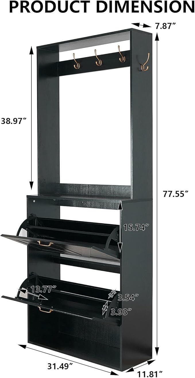 Betoko Hall Tree with Shoes Storage,Farmhouse Corner Coat Rack with 5 Coat Hooks, Wooden Entryway Tree Cabinet with 2 Shoes Cabinets for Hallway Mudroom, Black