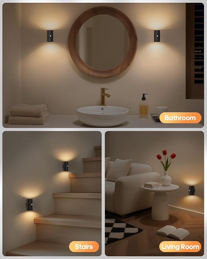 Rechargeable Night Light with Motion Sensor, 2200mah Battery Operated Warm White Motion Sensor Light Indoor, Magnetic Stick-on Light for Bathroom, Bedroom, Stairs, Hallway, 2-Pack