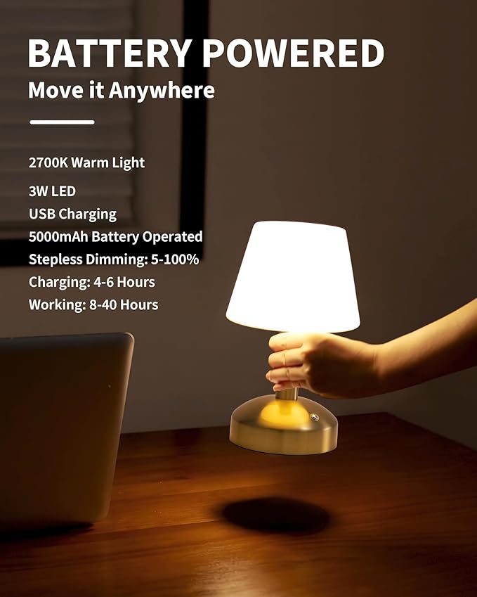 KDG Modern Cordless Small Table Lamps, Portable LED Dimmable Desk Lamp, 4000mAh Rechargeable Battery Operated Lighting for Restaurant, Bedroom, Bedside, Bar, Outdoor, Camping, Night Light(Gold)