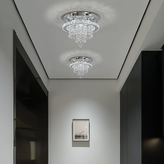 Deckrico Modern Crystal Chandelier 11.8" LED Ceiling Light Chrome Flush Mount Lighting Fixture for Bedroom, Hallway, Kitchen, Dining Room – Cool White