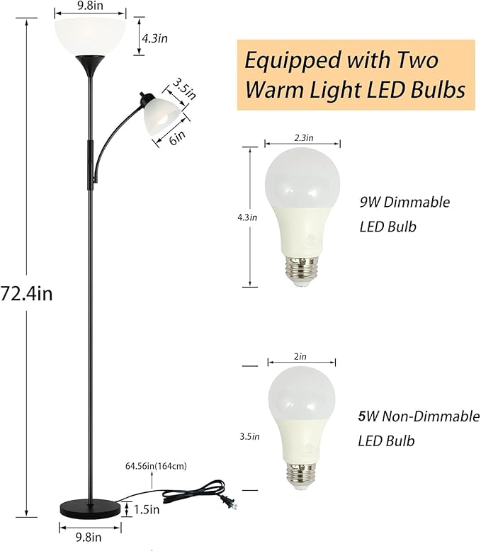 Floor Lamp, Dimmable Standing lamp, Stepless Dimming Brightness, Included 9W and 5W LED Bulbs, Industrial Floor Lamp for Living Room, Bedroom, Office, Reading