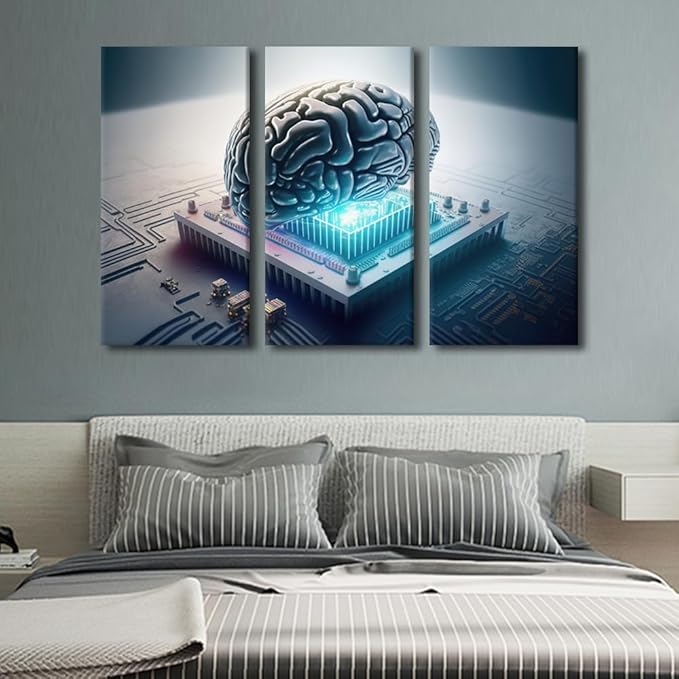 3 Panel Wall Art Brains and Computer Chips Poster on Canvas Framed Wall Art Future Technology Wall Decoration for Living Room Bedroom, Stretched Framed Ready to Hang, 60" Wx40 H