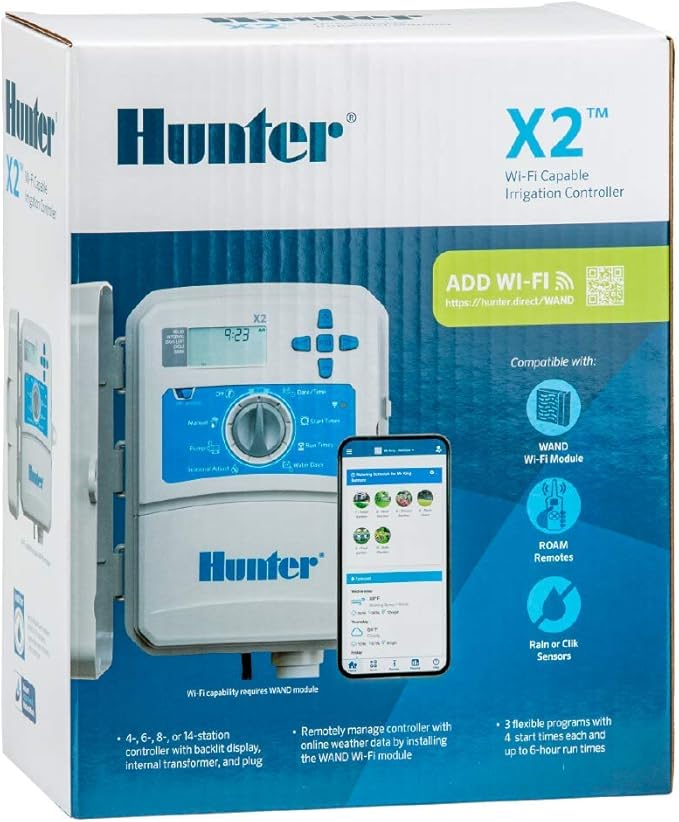 Hunter X2 14-Station Outdoor Sprinkler Controller, Wi-Fi Capable Smart Irrigation System, Hydrawise Compatible, Weather-Based Scheduling for Lawn and Garden