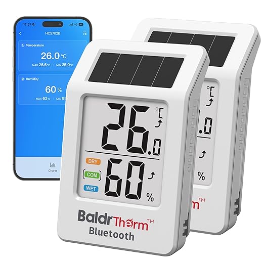BaldrTherm Bluetooth Thermometer Wireless, Smart Thermometer with App Control, 200ft Coverage, Offline Storage, Trend Charts, Real-Time Alerts for Home, Pet Cage, Indoor/Outdoor Use, White, 2pack