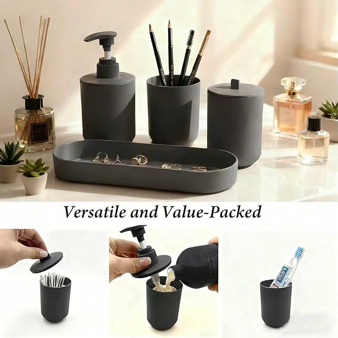4-Piece Bathroom Accessory Set, Dark Gray Plastic Home Organizer with Toothbrush Holder, Lotion Soap Dispenser, Qtip Holder & Vanity Tray – Modern Home Decor for Any Bathroom