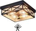 Farmhouse 4-Light Flush Mount Ceiling Lights,Adjustable Motion Sensor Square Ceiling Lamp for Entryway,Hallway,Porch,Patio,Storage Room and Garage,12in Matte Black Metal Modern Ceiling Light Fixture