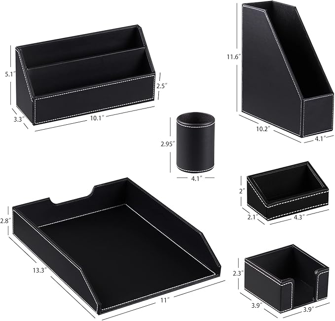 Office Desk Organizer and Workspace Accessories Storage Caddy for Men, Black Leather 6 PCS Set- Pencil Cup, Business Card Holder, Sticky Note Dispenser, Mail Sorter, Letter Tray, Magazine Holder