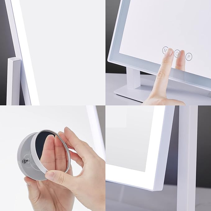 HIEEY Lighted Makeup Mirror, 17.3" x 13" Hollywood Vanity Mirror with Lights, Three Color Lighting Modes, and 5X Magnification Mirror, Smart Touch Control, 360°Rotation (White,Gift Box)